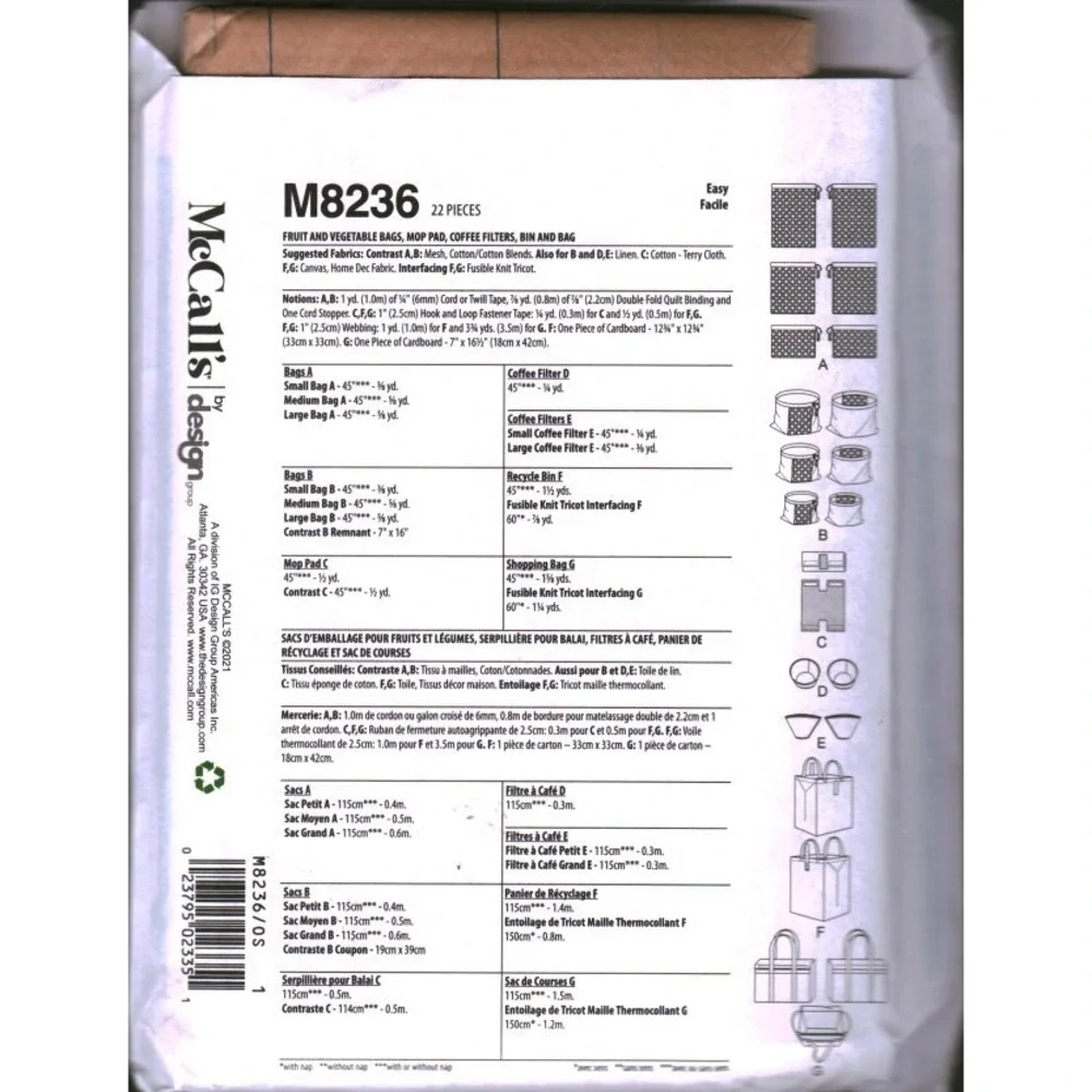 McCalls M8236 Sewing Pattern Reusable Grocery Bags Coffee Filters Mop Pad UNCUT
